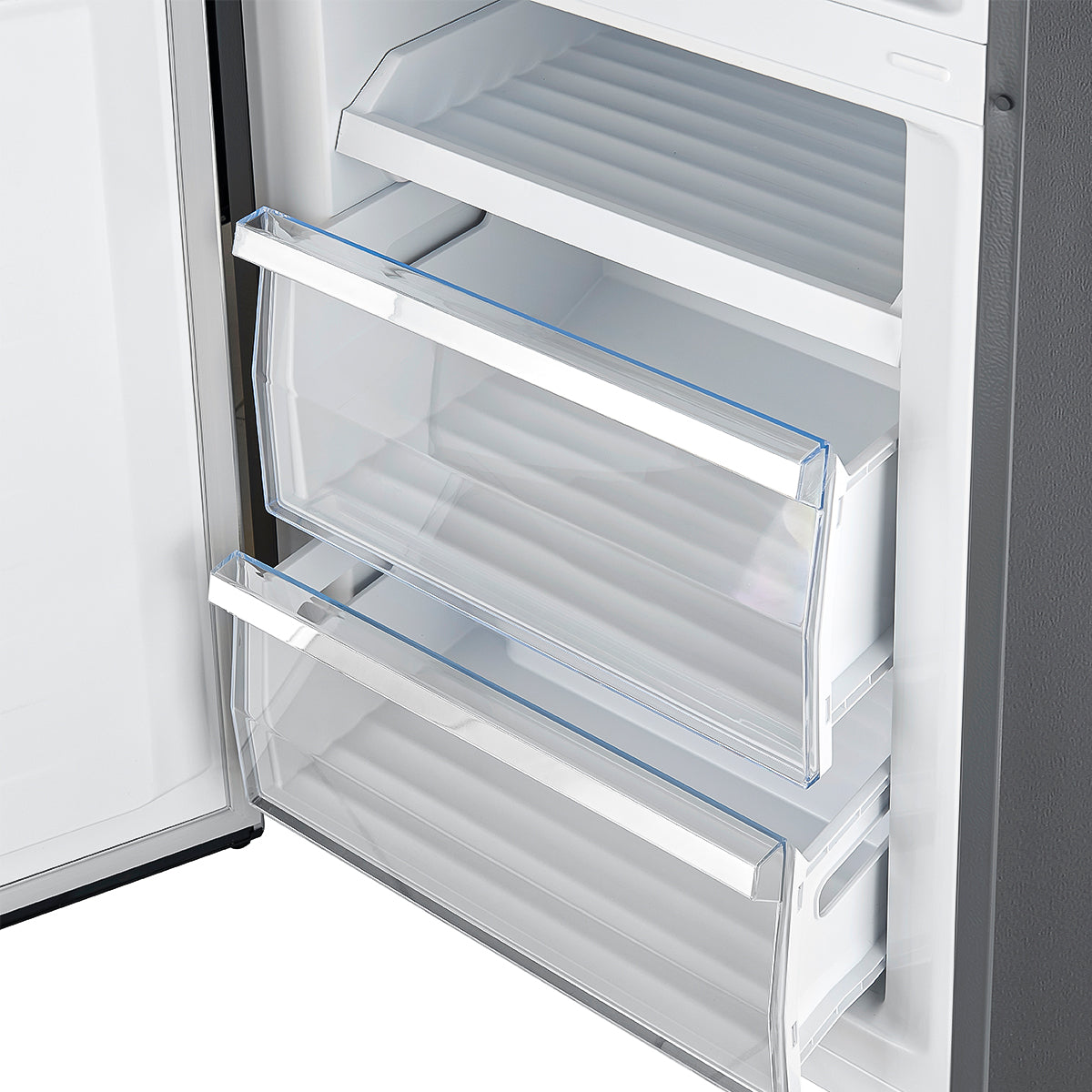 FFFFD1778-24LS_Guardia_Bottom_Freezer_Refrigerator_Left_Swing_Angle_Open_Close_up_on_crisper_drawers