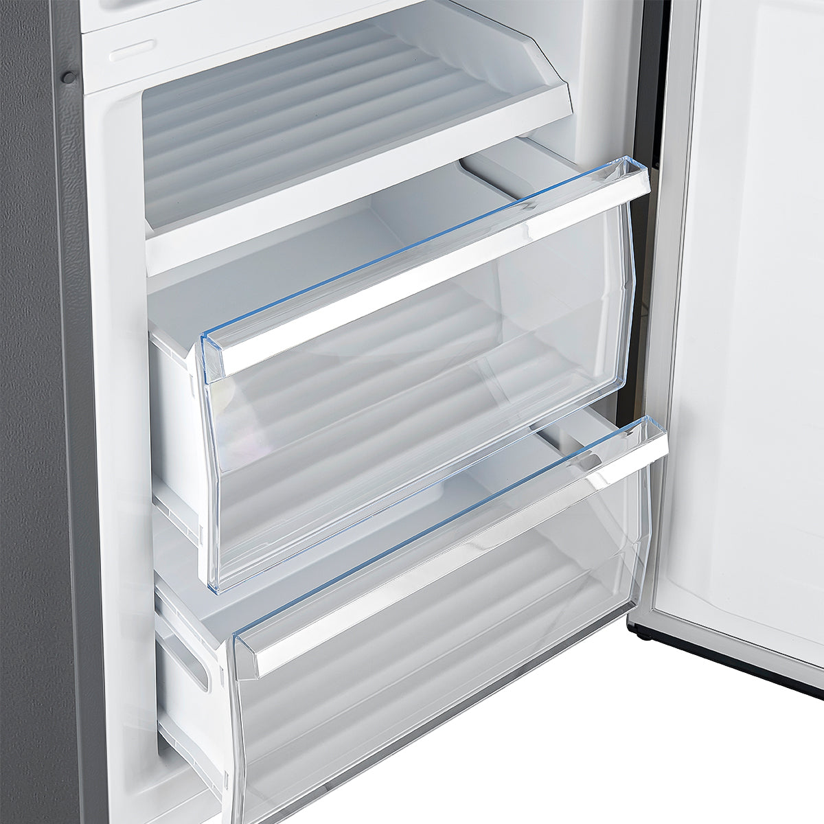 FFFFD1778-48-Guardia-Bottom-Freezer-Refrigerator-Right-Swing-Angle-Open-Close-up-on-crisper-drawers