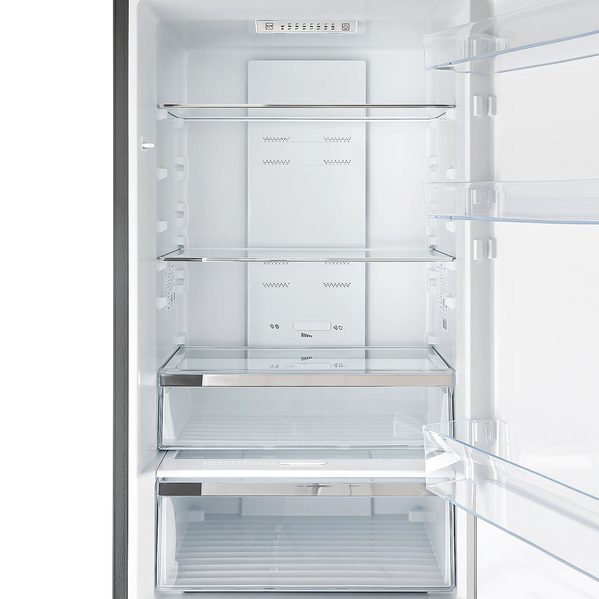 FFFFD1778-48-Guardia-Bottom-Freezer-Refrigerator-Right-Swing-front-Open-Close-up-on-shelf
