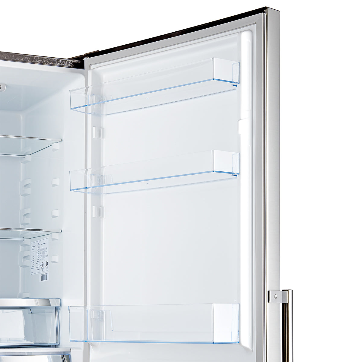 FFFFD1778-48-Guardia-Bottom-Freezer-Refrigerator-Right-swing-Front-Open-Close-up-on-Bins