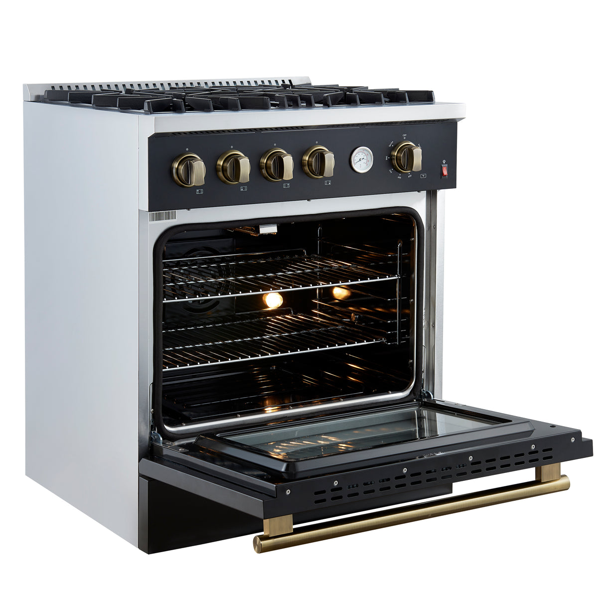 Gas_Range_FFSGS6277-30BLK_V1_Left_Angle_Door_Open_Knobs_2024-12-19