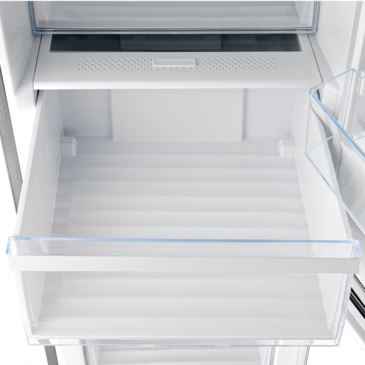 FFFFD1778-24RS-Guardia-Bottom Freezer Refrigerator Right Swing-Front-Open-Close up on crisper drawers