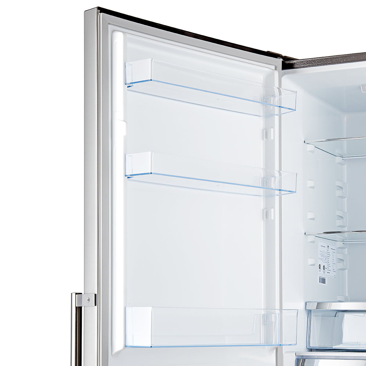 FFFFD1778-48-Guardia-Bottom-Freezer-Refrigerator-Left-swing-Front-Open-Close-up-on-Bins