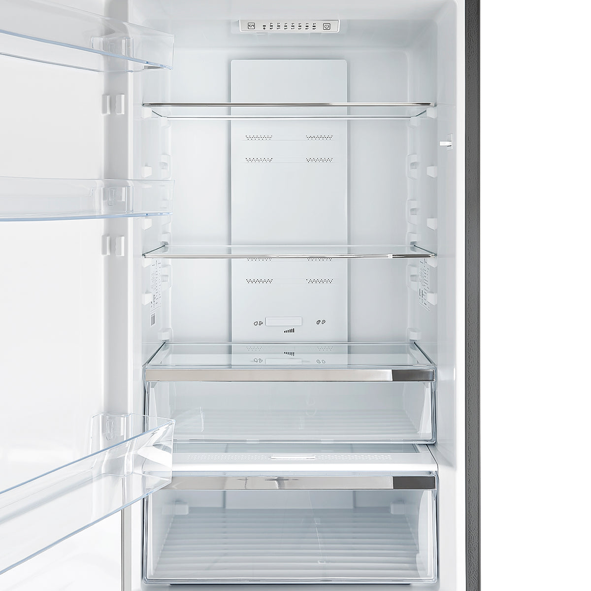 FFFFD1778-48-Guardia-Bottom-Freezer-Refrigerator-Left-swing-front-Open-Close-up-on-shelf