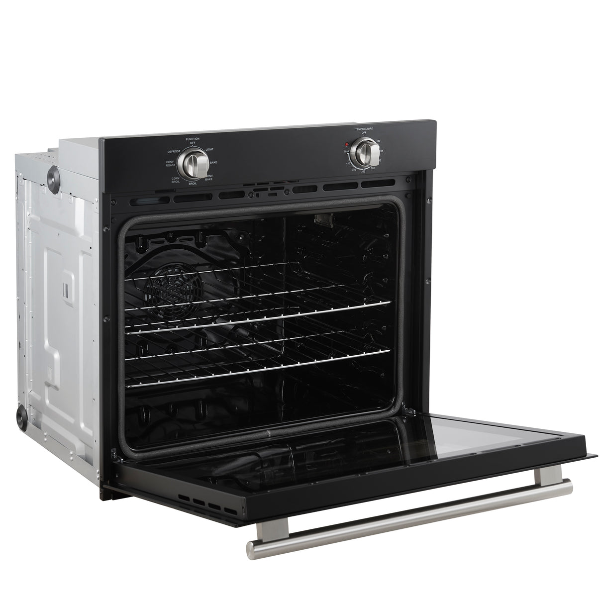 Wall-Oven_FBOEL1370-30BLK_Left-Angle-Opened-SS_2025-07-30