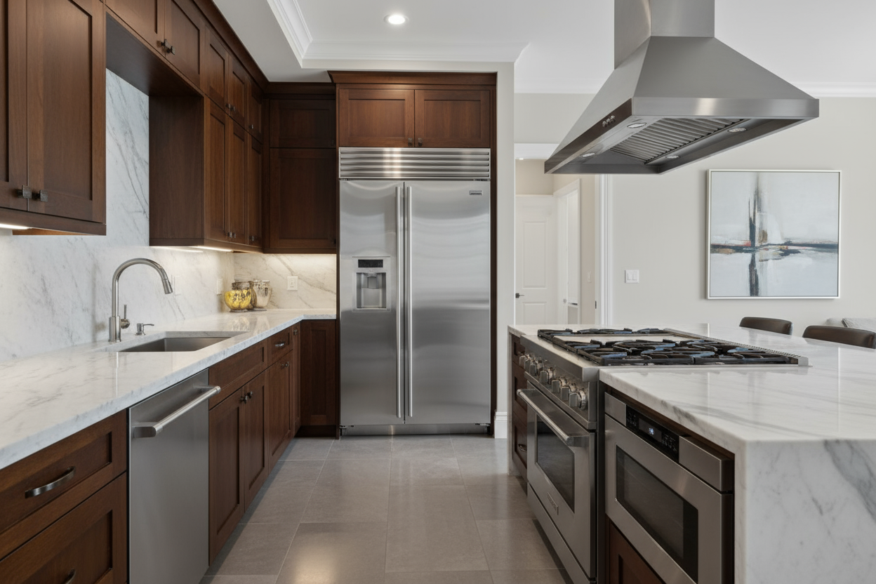 a kitchen with high-end appliances