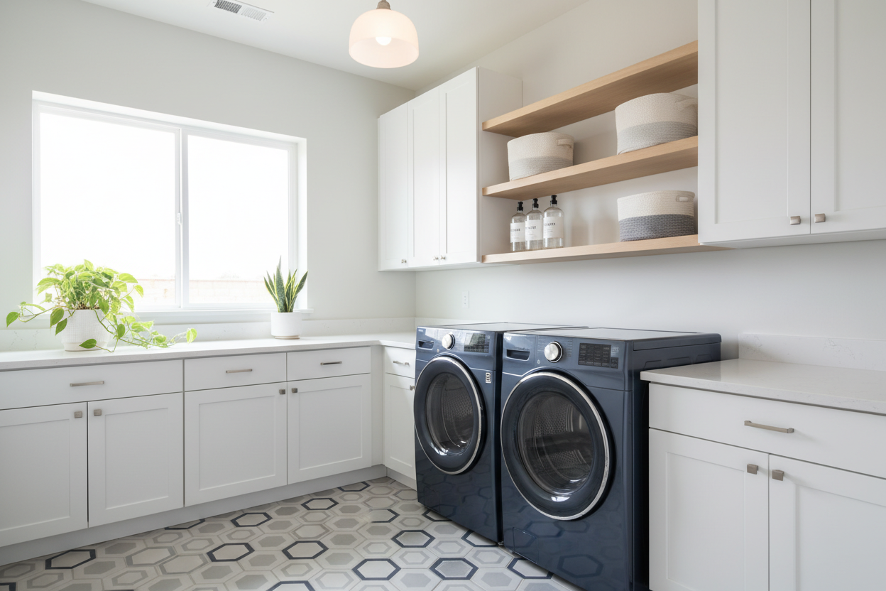 do the same with the washer and dryer the same colour but contrasting to the cabinets