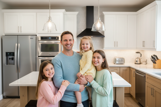 make a family portrait picture of a man with 3 daughters in a kitchen with many appliances visable