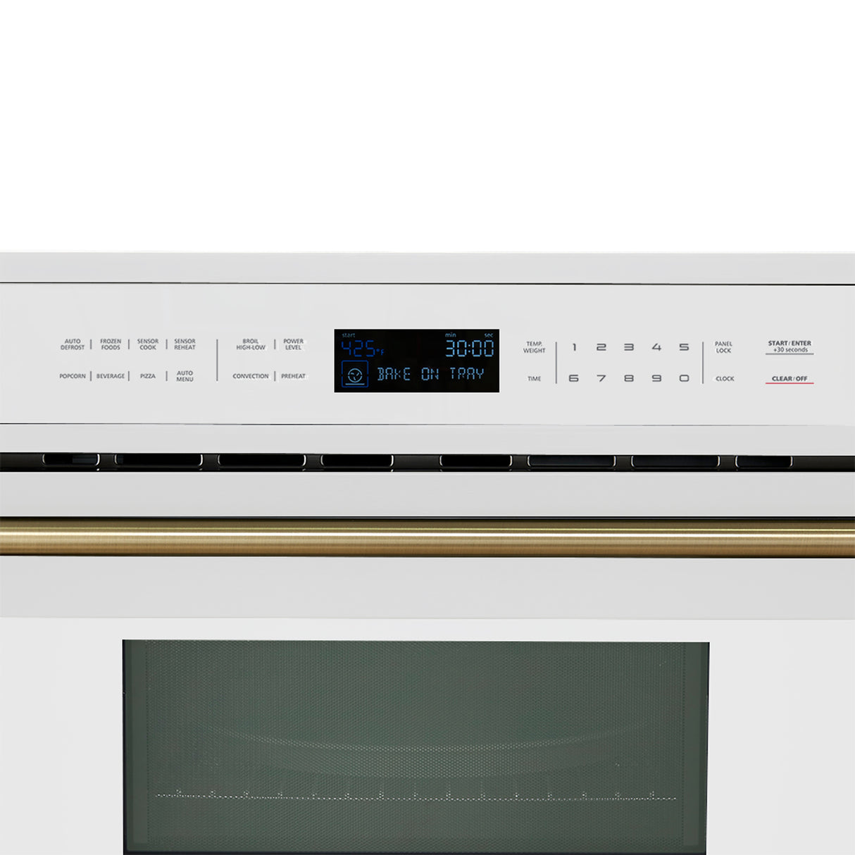 microwaves_FMWDR3093-30WHT_V1_closeup_front_panel_Brass_Handle